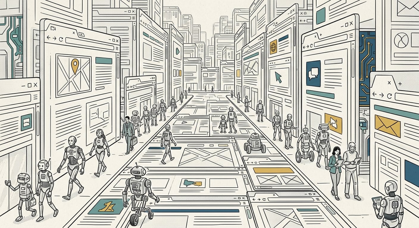 More than half of web traffic is bots, illustrated as a street crowded with robots