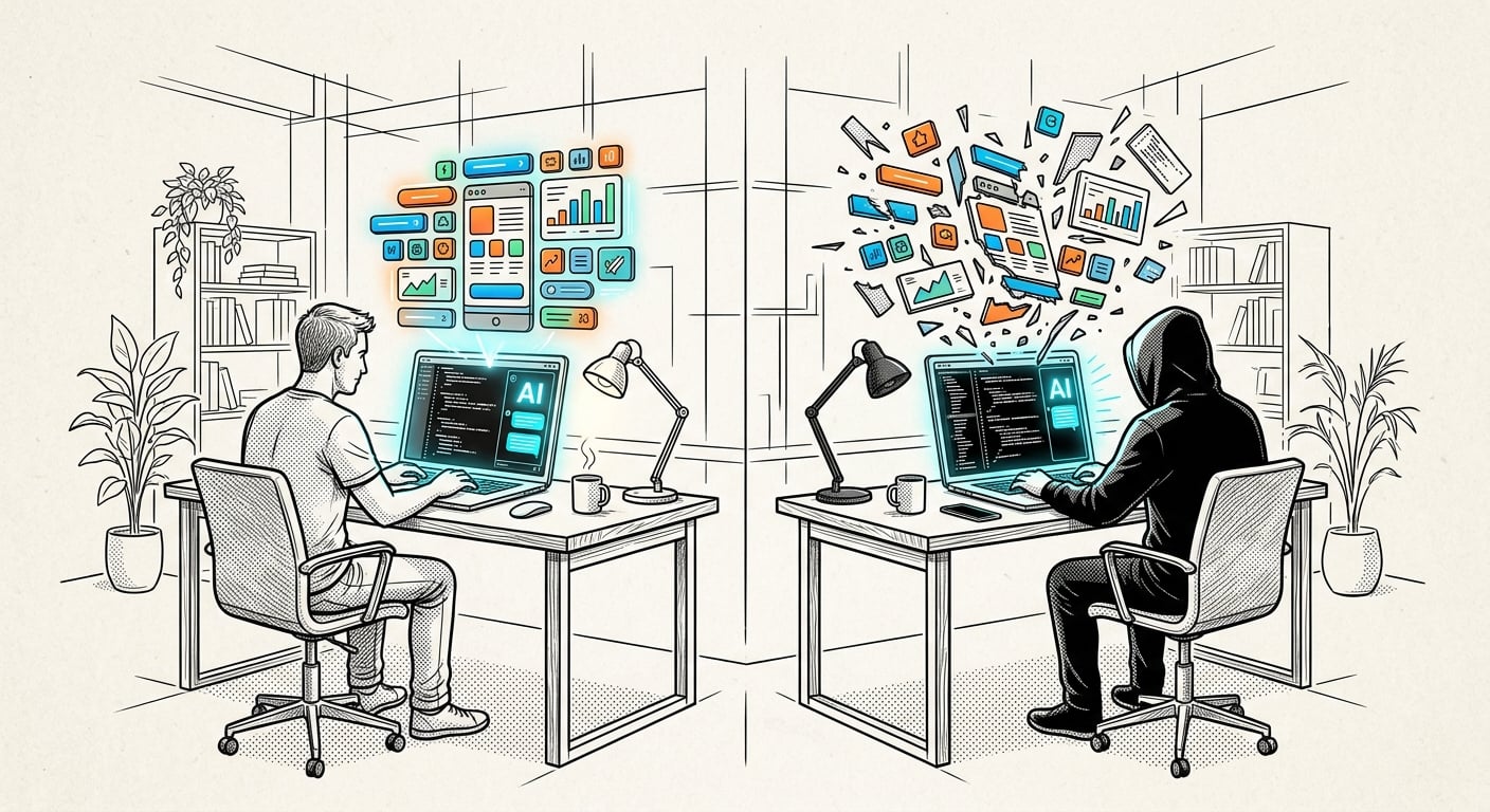 A developer building with AI on one side while a hacker deconstructs the same app with AI on the other