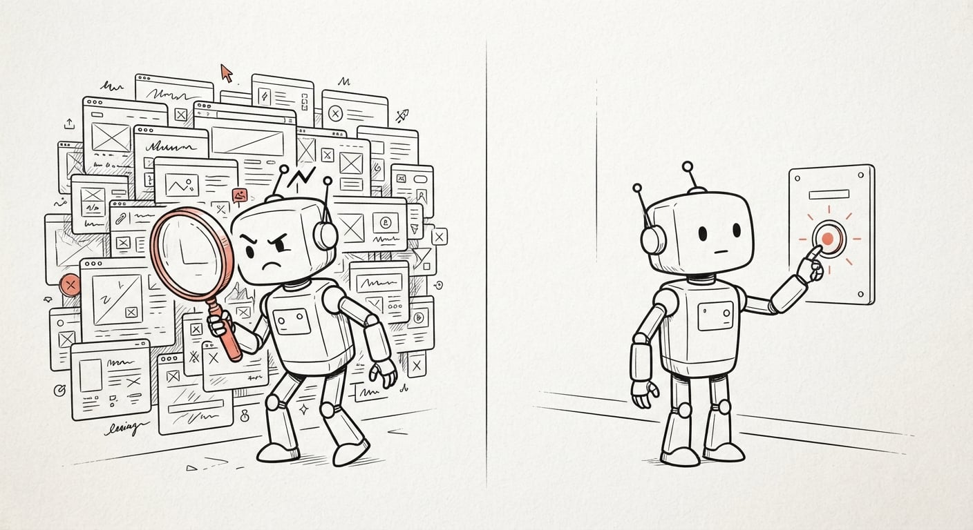 A robot guessing at a page versus a robot pressing a clearly labelled tool button