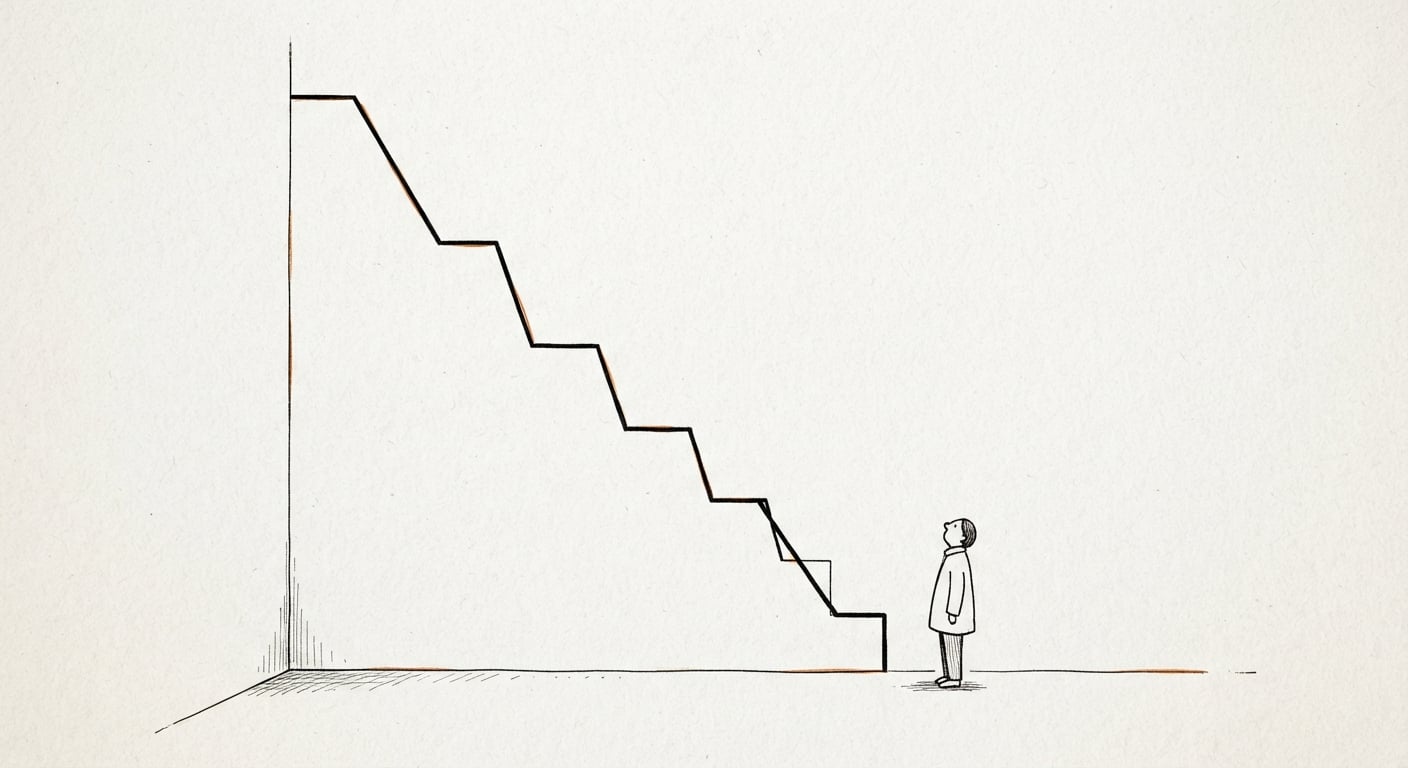 Line art of a person looking up at a declining chart drawn as a staircase