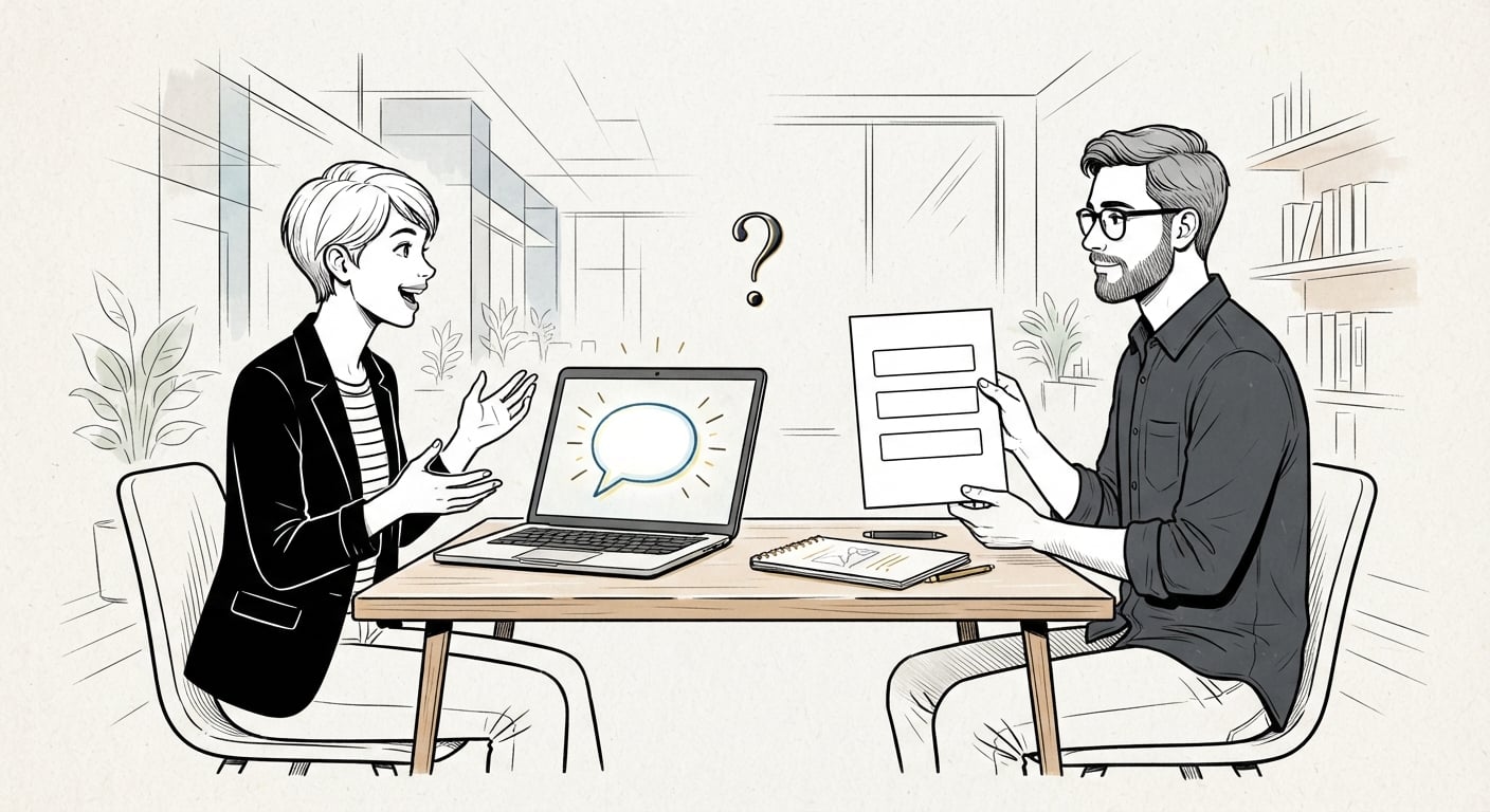 A business owner asking for a chatbot while a developer holds up a simple three-field contact form