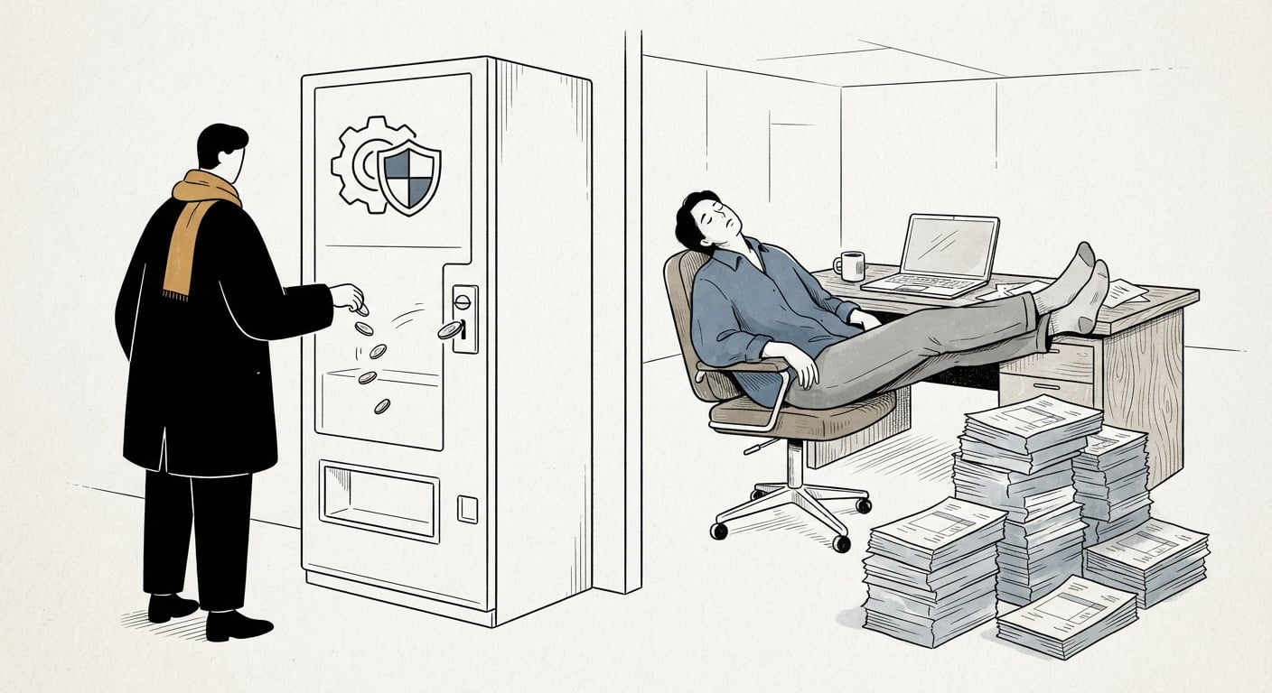 Business owner paying into a website maintenance retainer vending machine that dispenses nothing