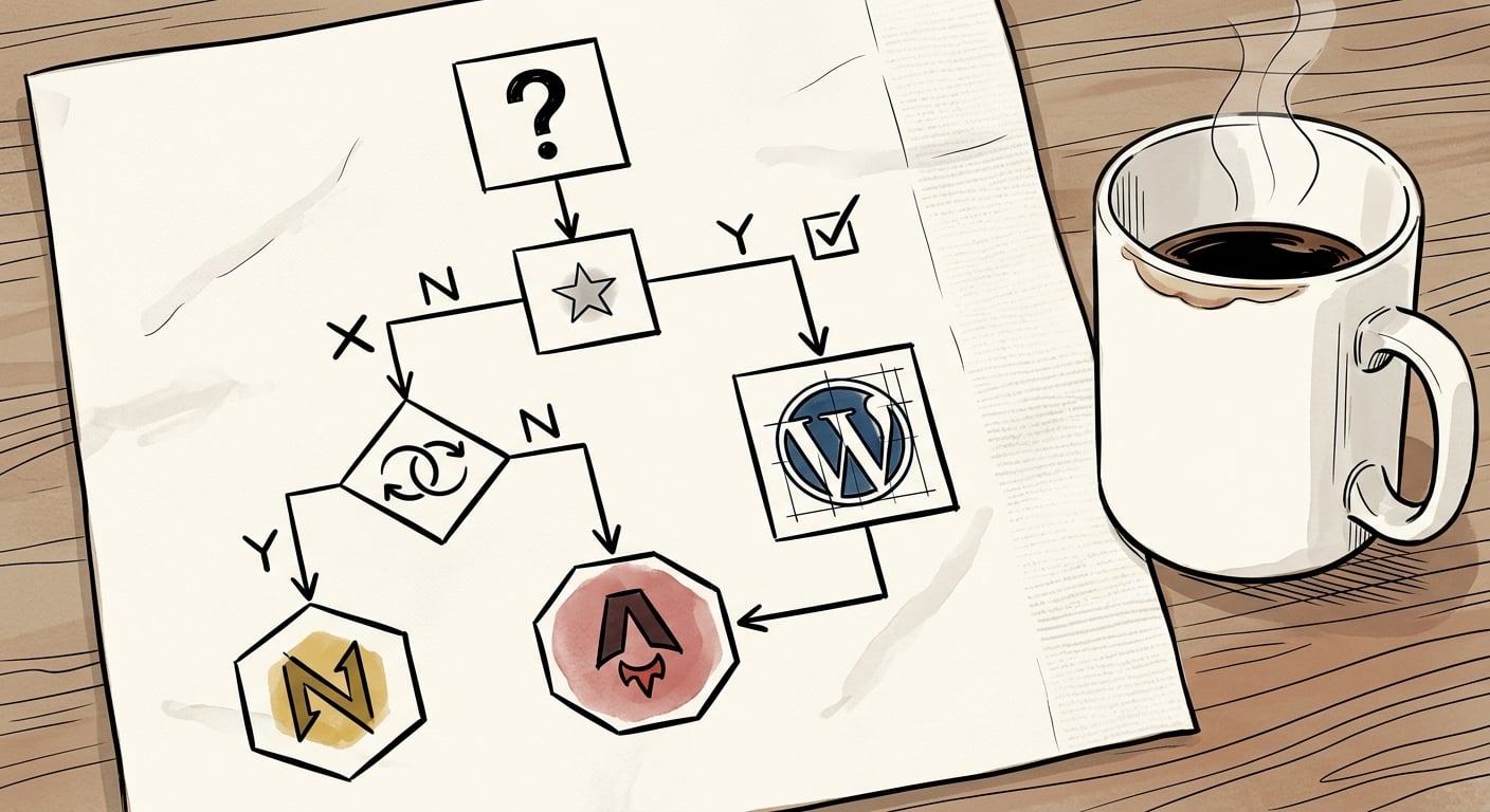 Simple decision tree flowchart for choosing between WordPress Next.js and Astro