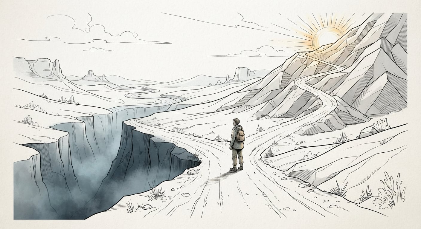 A road forking into a climb toward sunrise and a descent into a misty crevasse