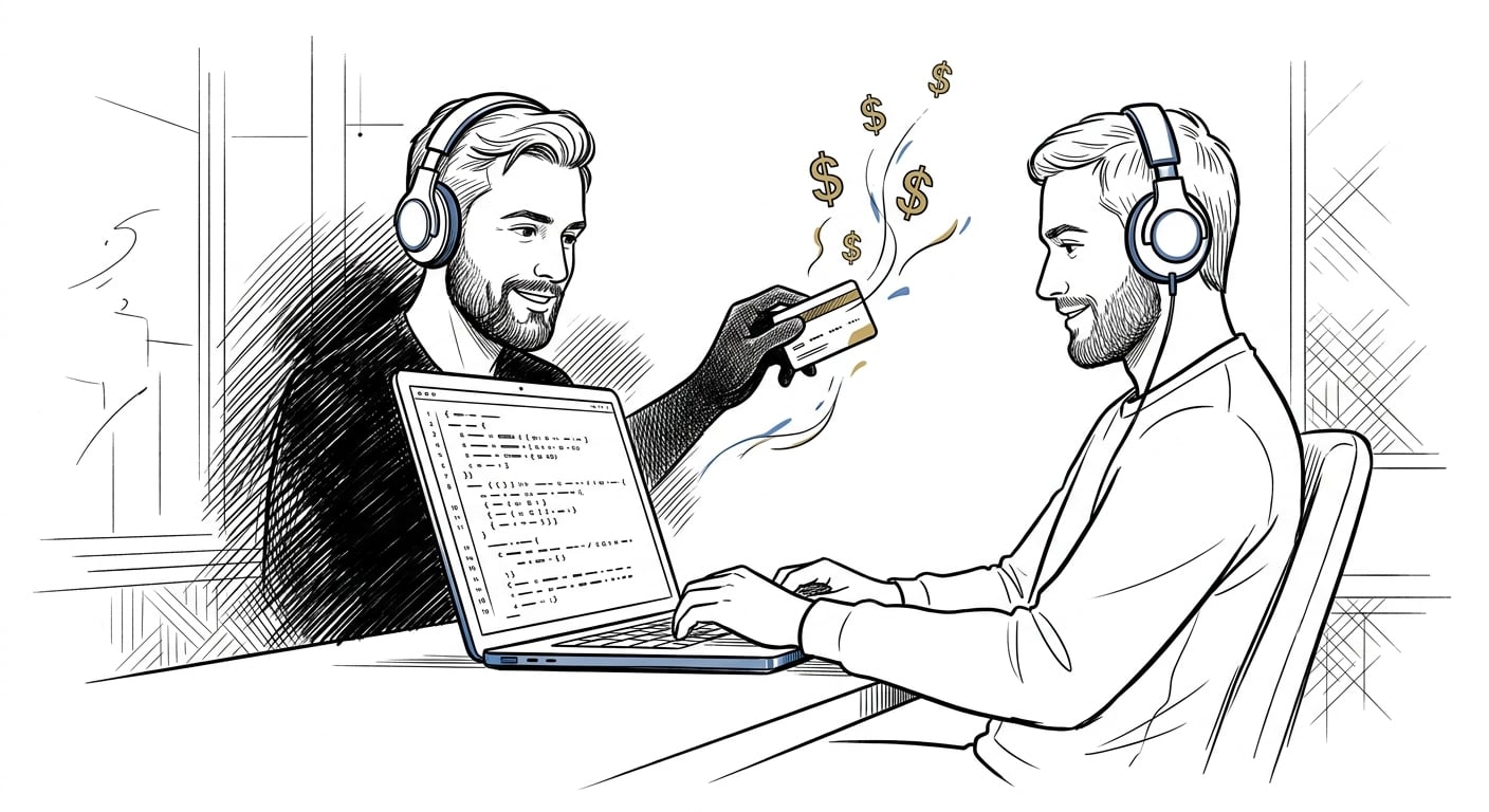 Developer trusting AI-generated code while payment credentials leak from the screen