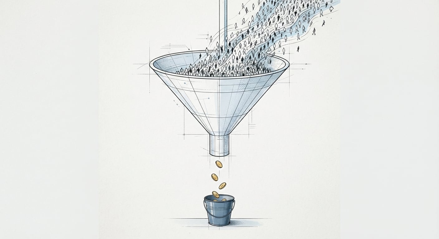 A vast crowd pouring into a funnel while only a few coins fall out the bottom