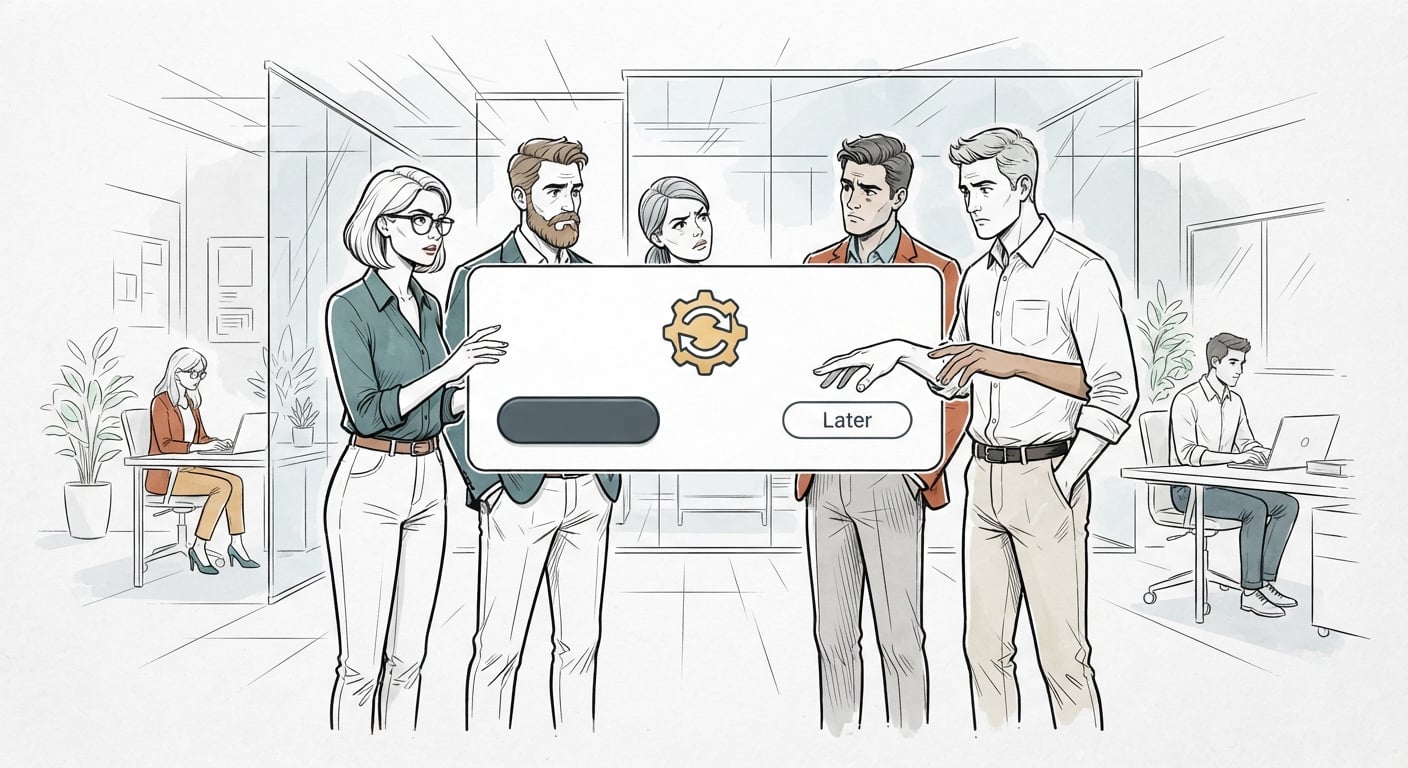 People hesitating over a software update dialog, choosing Later instead of Update Now