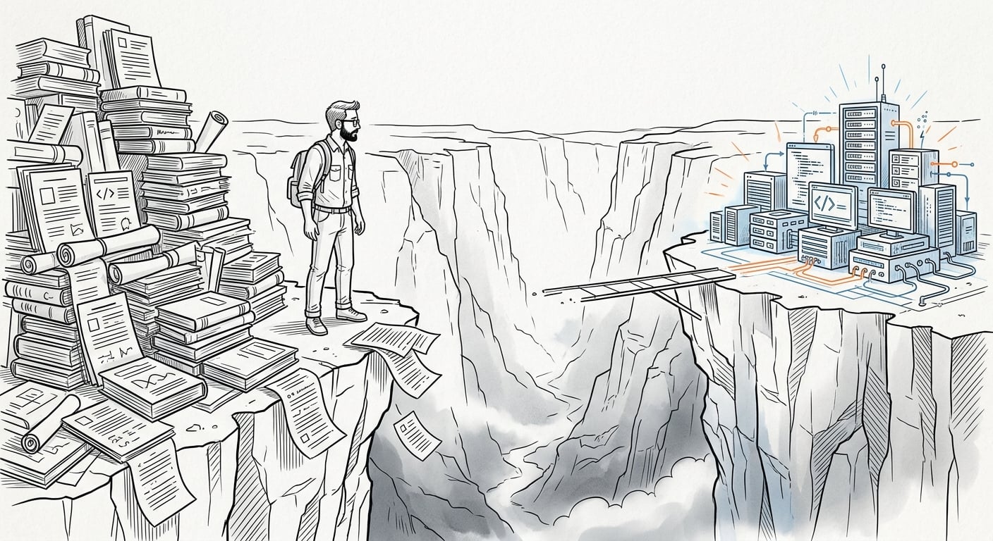 Canyon between tutorial documents and finished product representing the implementation gap