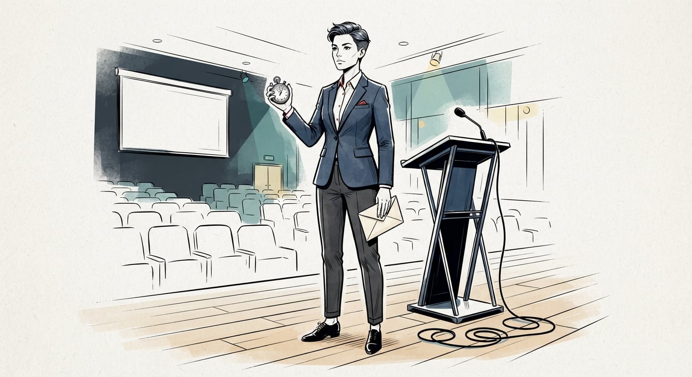 Holding a stopwatch and a sealed envelope in front of a lectern with an unplugged microphone, the benchmark publishing ban
