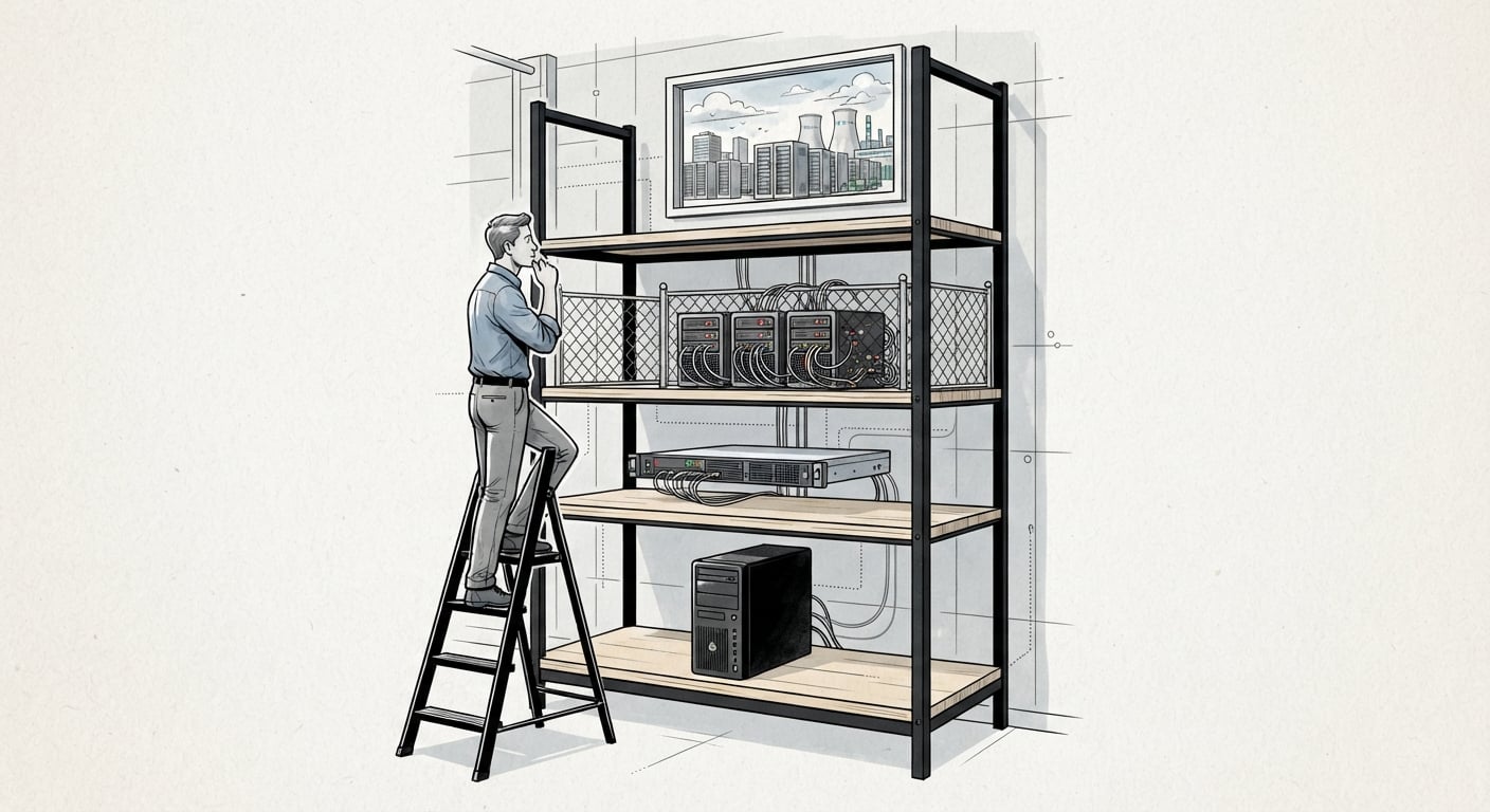 Four shelves holding progressively larger computers, illustrating the tiers of an EU AI stack