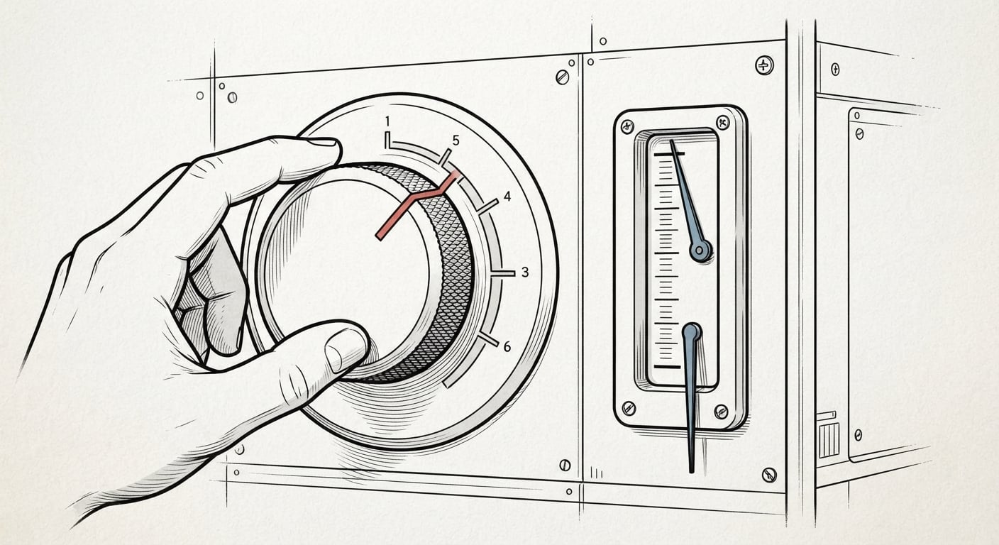 A precision dial turned down while a quality gauge holds steady then collapses