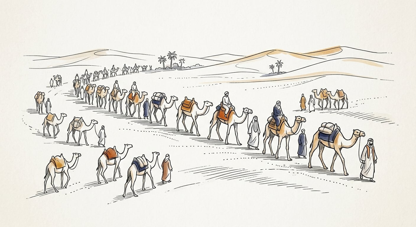 Caravan forming on the road, illustrating the Turkish proverb kervan yolda duzulur