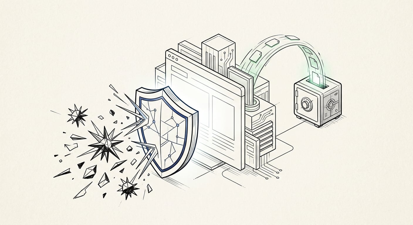 A firewall filtering bot traffic with off-site backups protecting a website