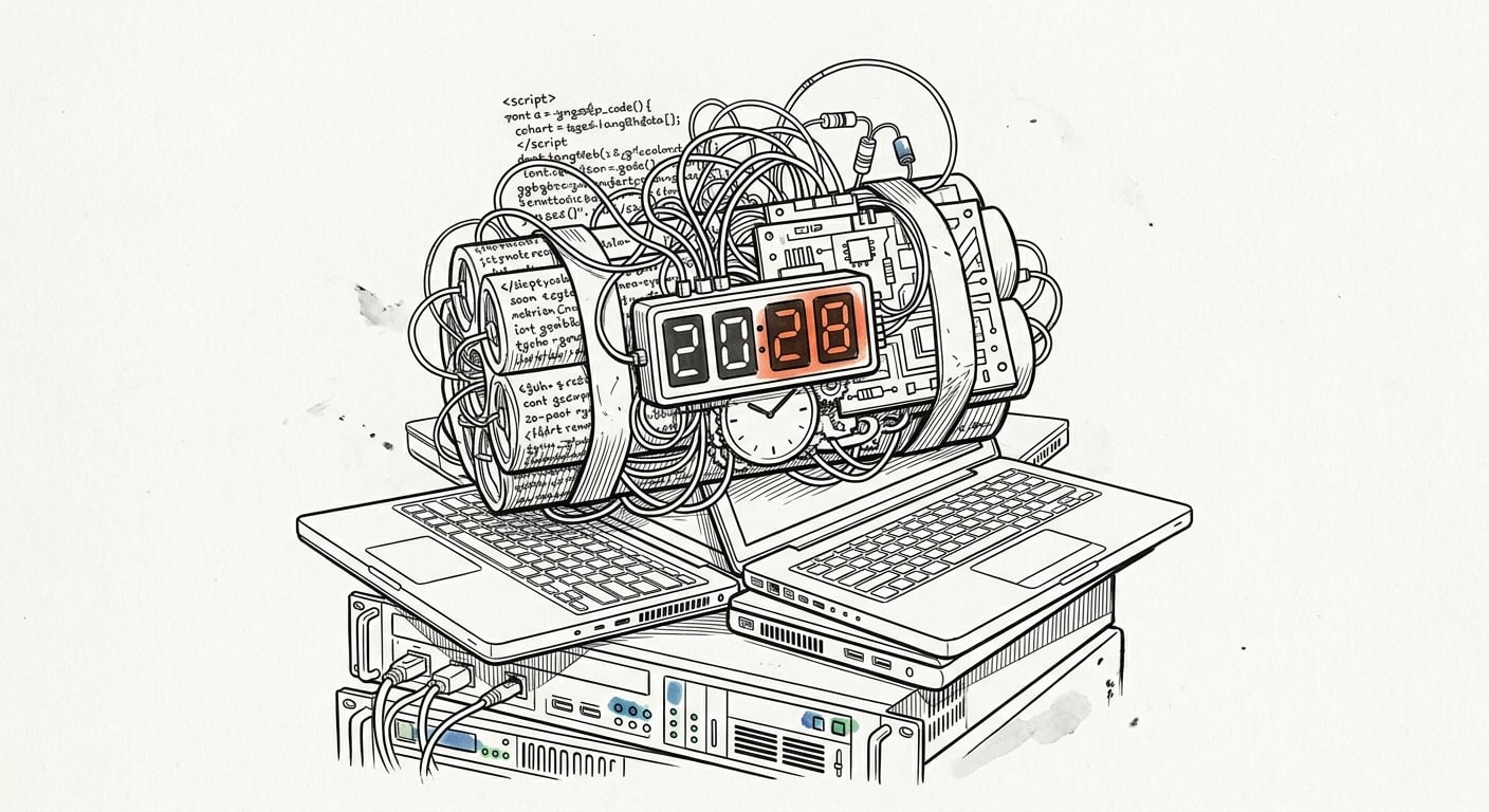 Time bomb made of code with countdown to 2028 sitting on stack of servers