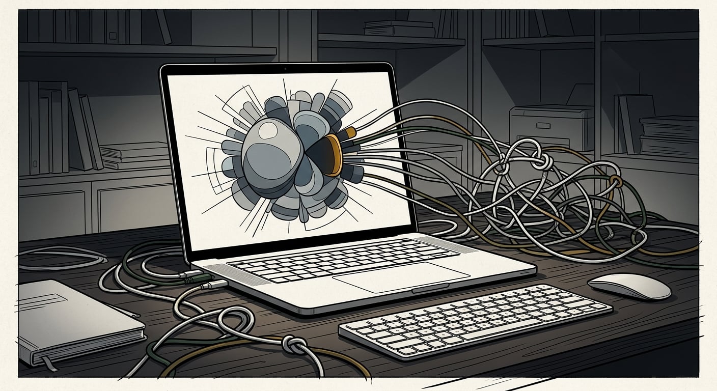Developer desk showing a bloated JavaScript bundle size chart with tangled dependency cables