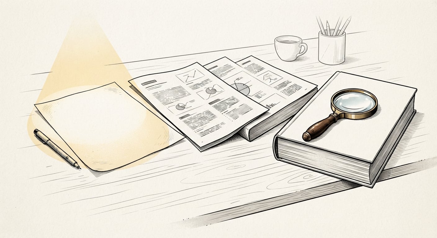 Four legal documents fanned out, the thinnest one spotlit while the magnifying glass sits on another