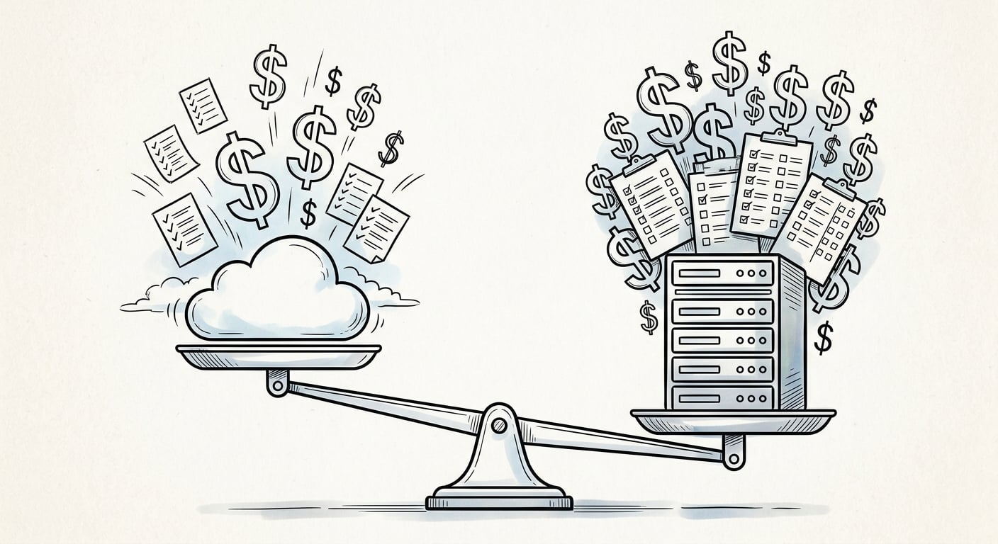 Balance scale comparing SaaS costs versus self-hosting savings