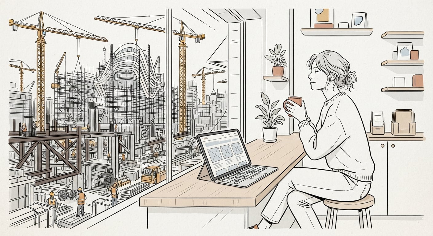 Staying on a website builder: a calm small shop next to an oversized custom build construction site