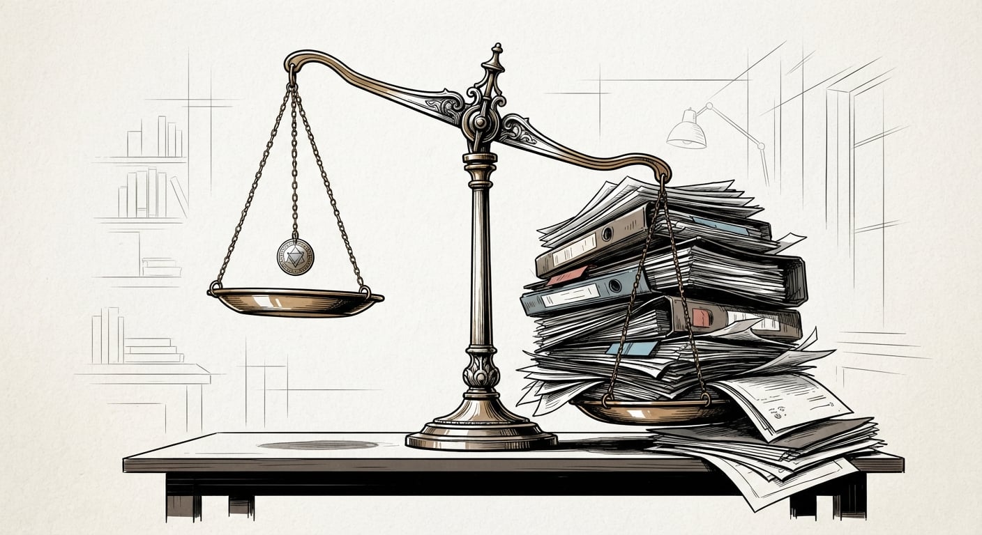 A brass scale with one coin on one side and a pile of legal files on the other, the one-sided liability cap