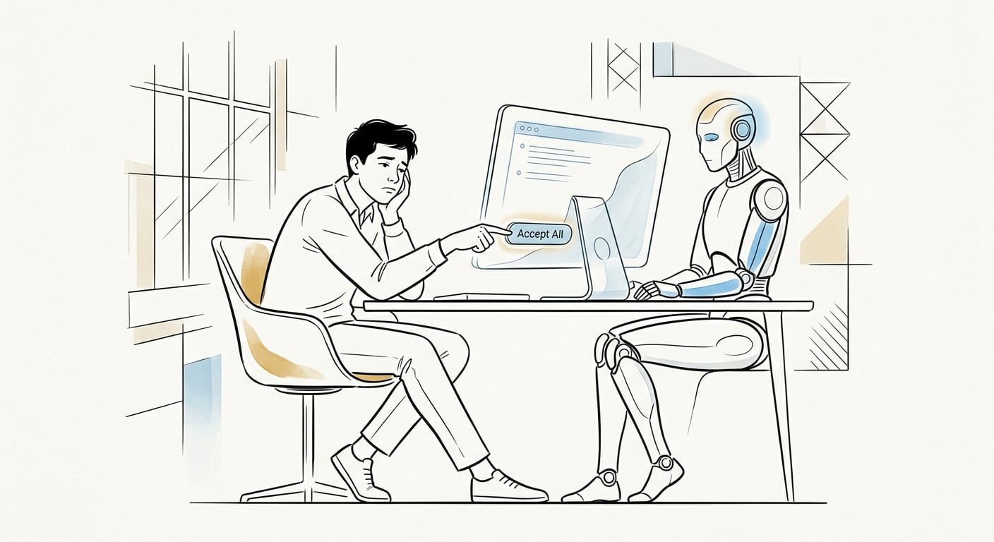 Junior developer blindly accepting AI-generated code without reviewing it