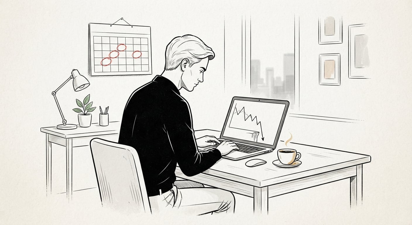 Line drawing of a person examining a sharp traffic drop on a laptop next to a calendar with the update window circled
