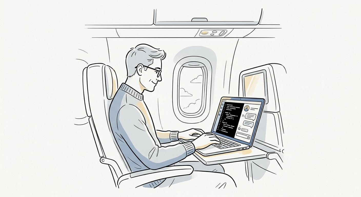 Solo developer using local AI coding agent offline on a plane