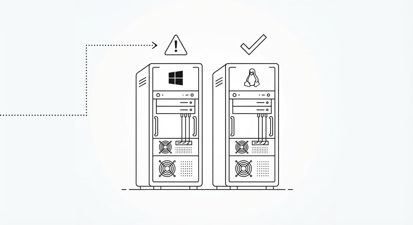 Line drawing contrasting a Windows-hosted server flagged with a warning and a Linux server marked safe