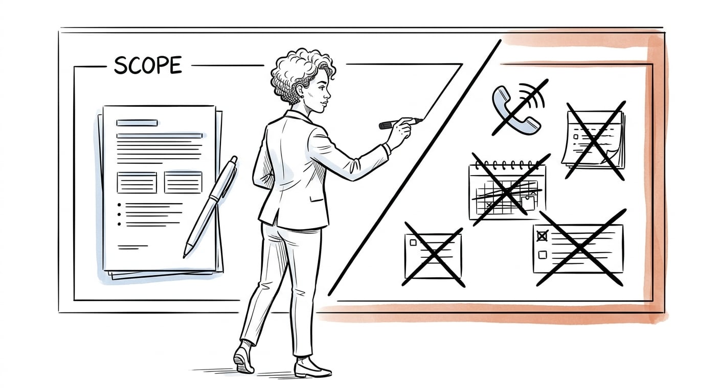 Freelancer drawing clear project boundaries on a whiteboard with scope document