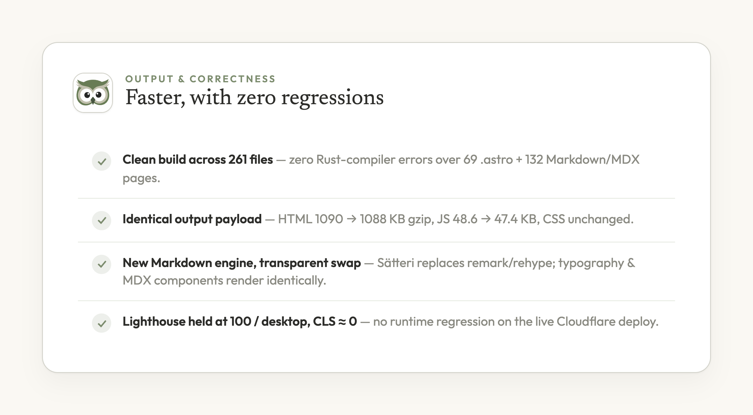 Astro 7 upgrade results showing a clean build across 261 files with zero regressions