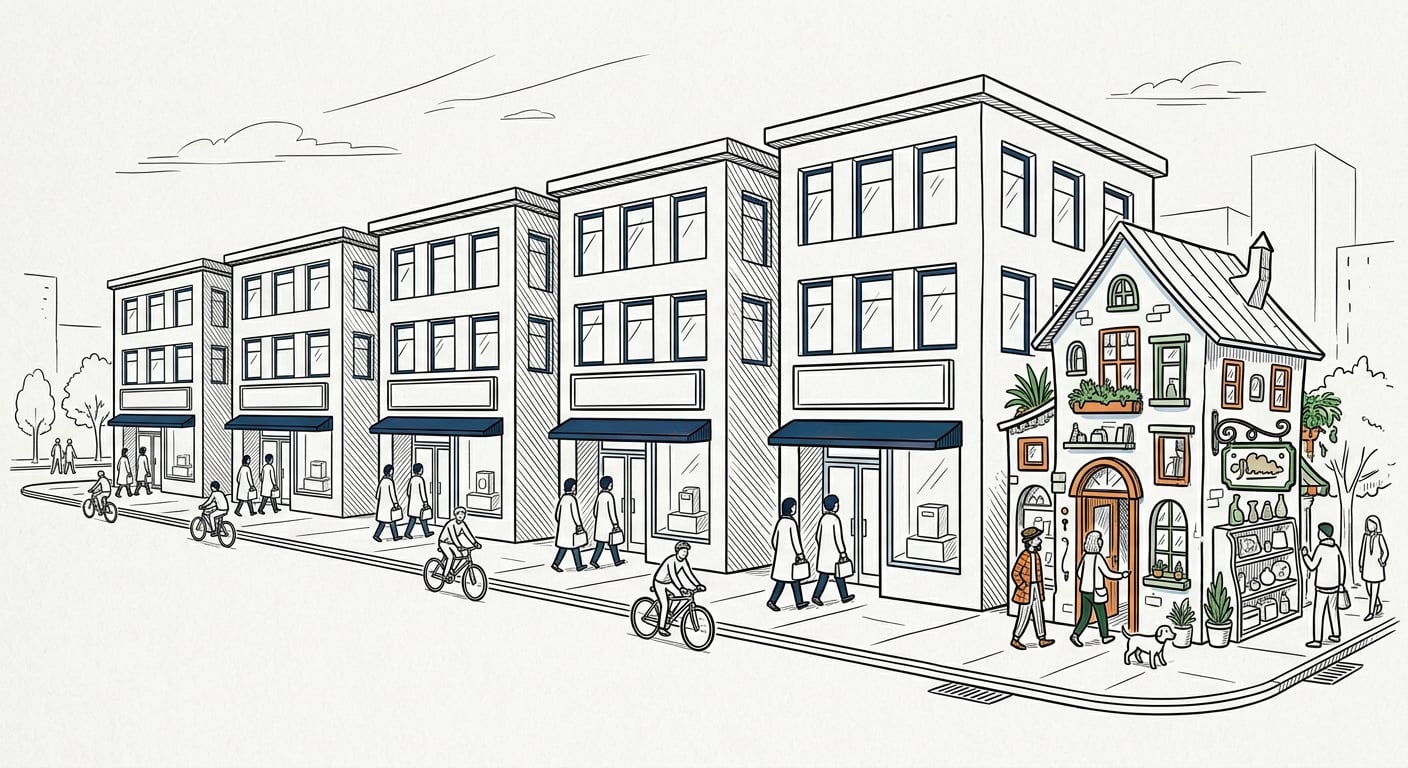 Row of identical company buildings with one unique shop standing out from the AI-driven sameness