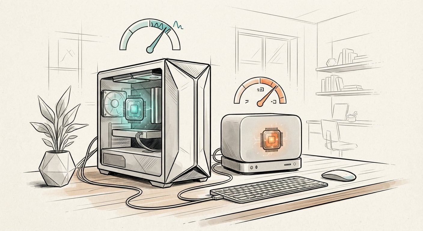 A Mac and a GPU tower running local coding models with tokens per second gauges
