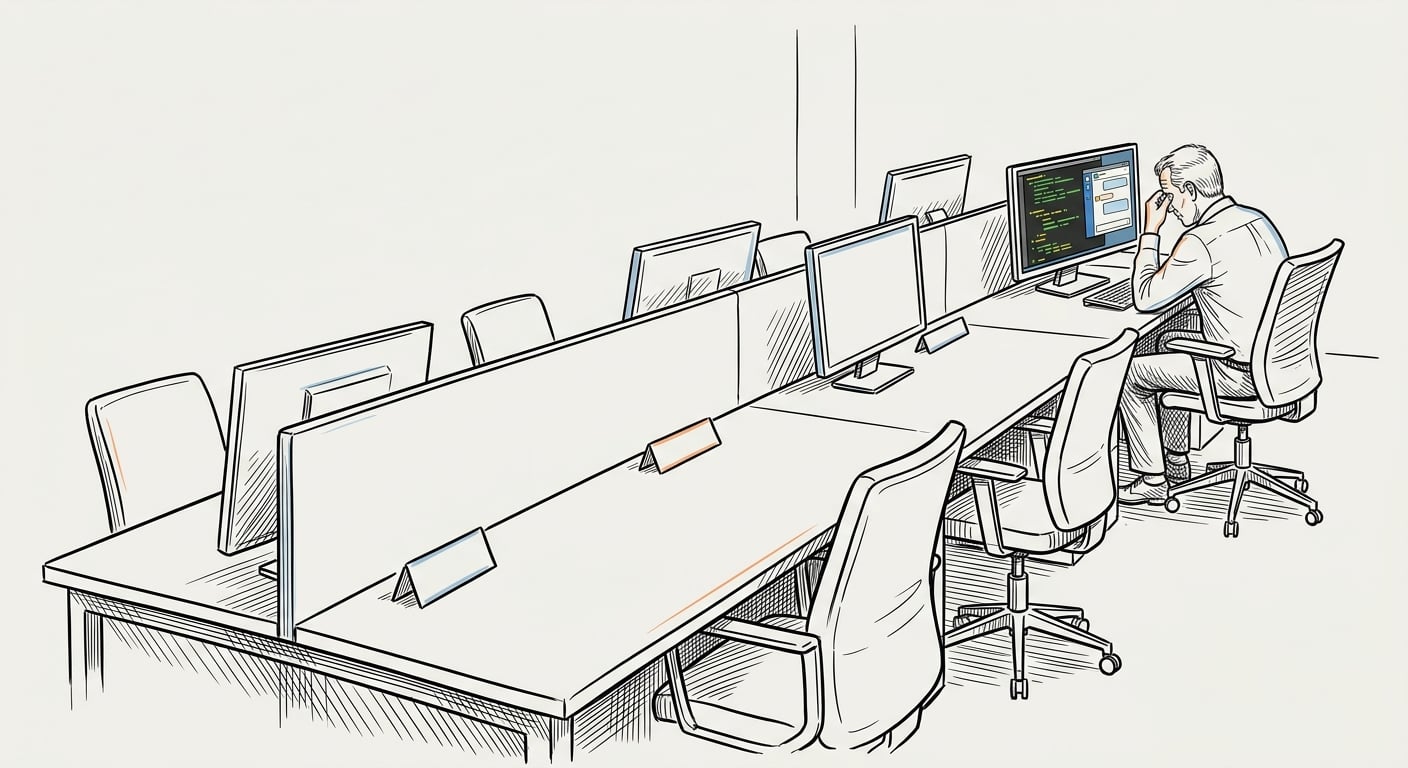 Empty junior developer desks with one exhausted senior developer reviewing AI-generated code alone