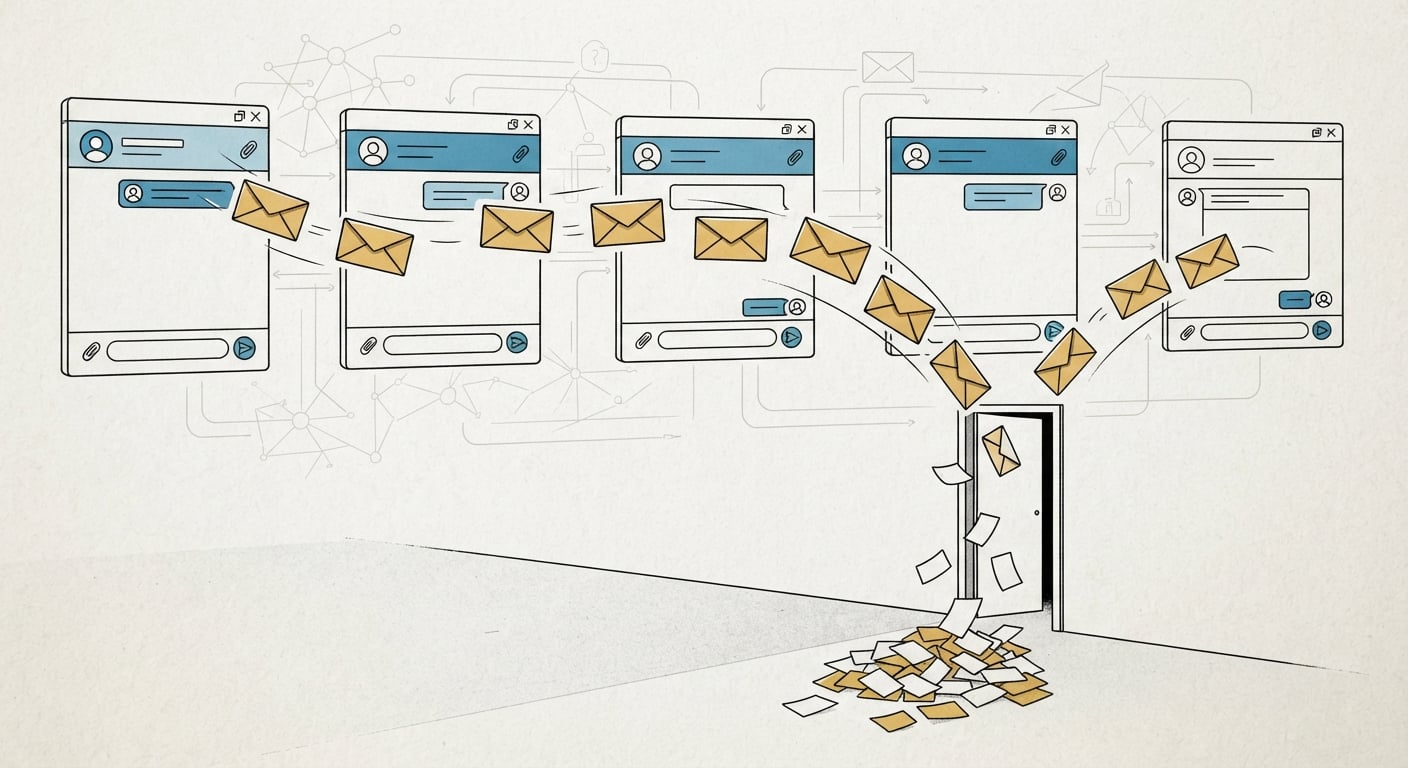 Messages leaving chat apps and losing their return address, illustrating dark social stripping referrer data