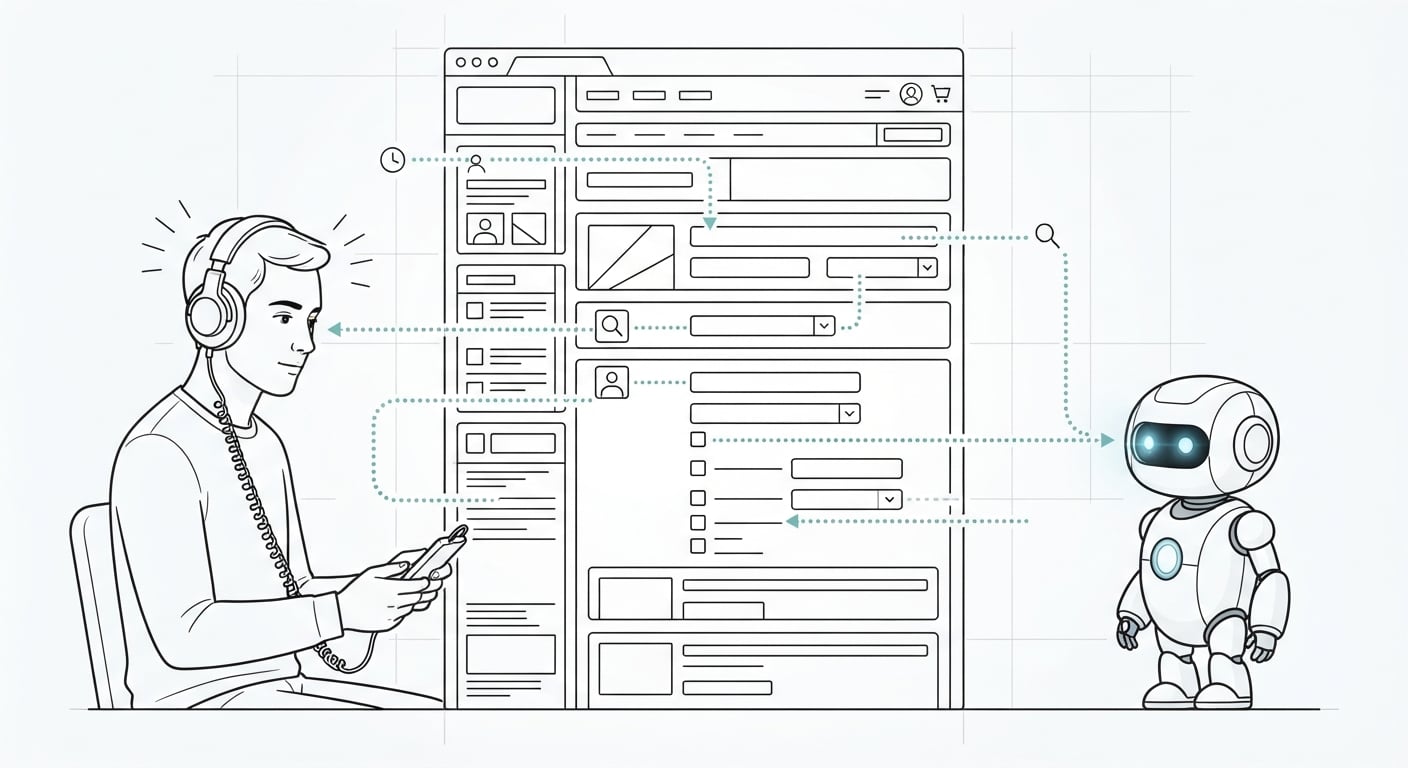 Line drawing of a screen reader user and a robot following the same structural guide lines through a web page