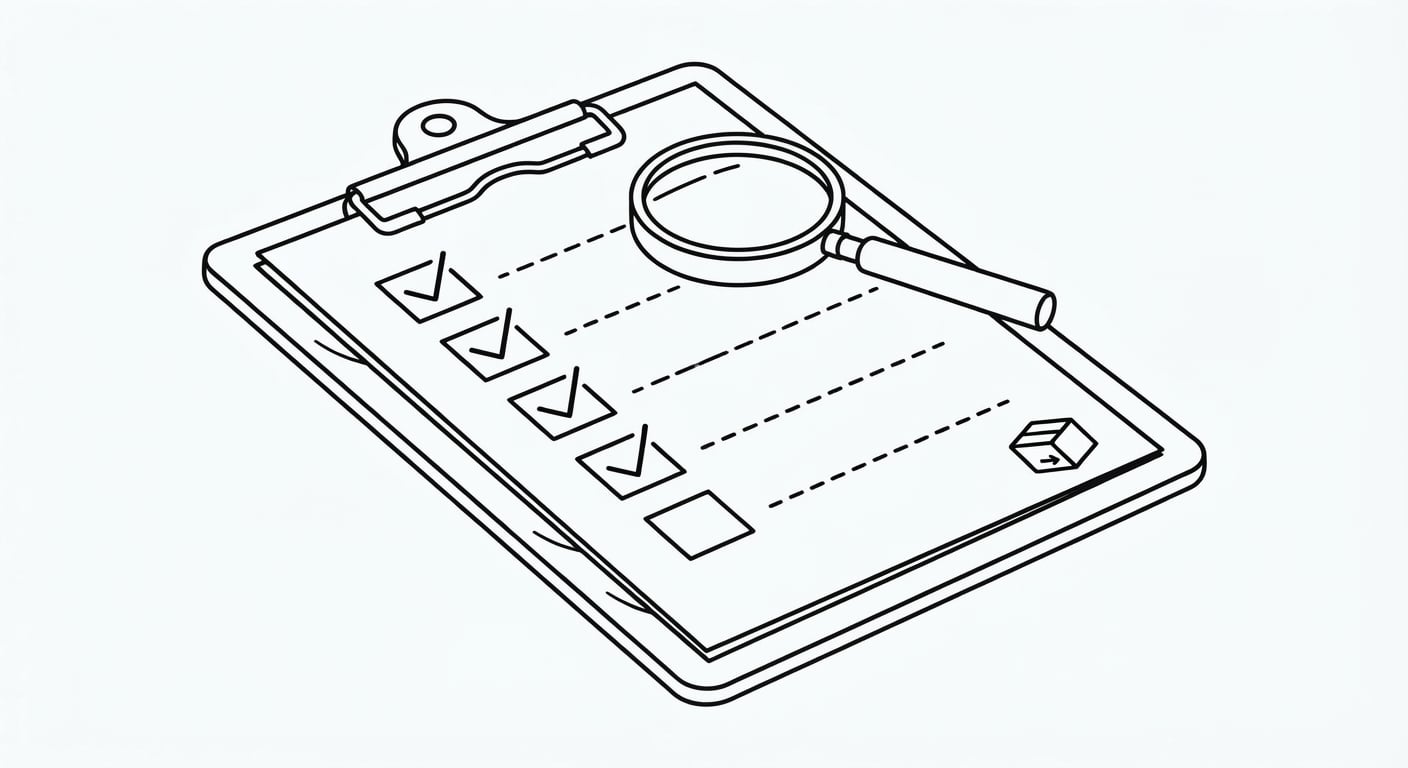 Line drawing of a checklist and magnifying glass for auditing a Next.js deployment