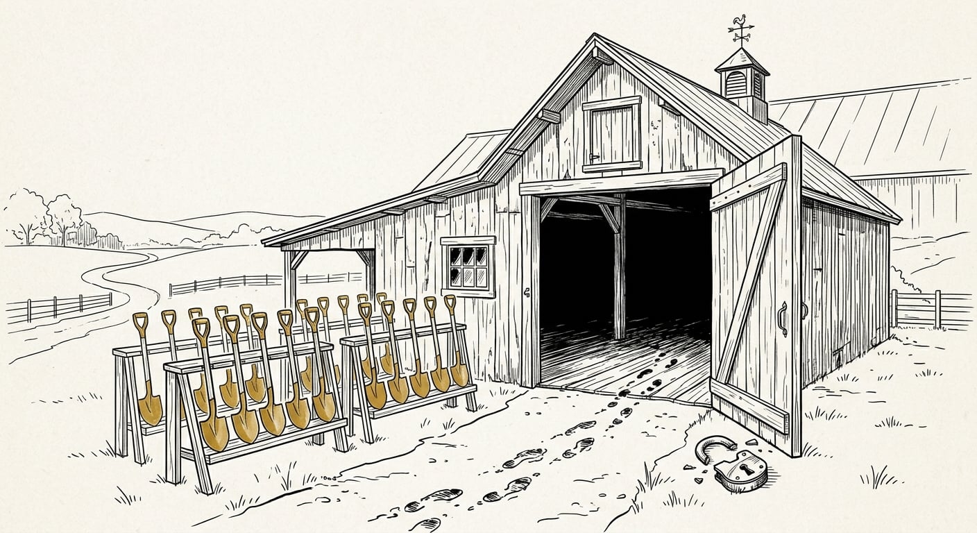 An open barn door with broken padlock while gold shovels are on display for sale