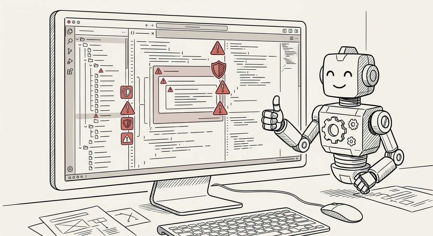 Code editor showing security vulnerabilities while AI assistant says ship it