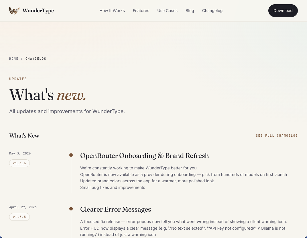 WunderType changelog showing regular updates and improvements