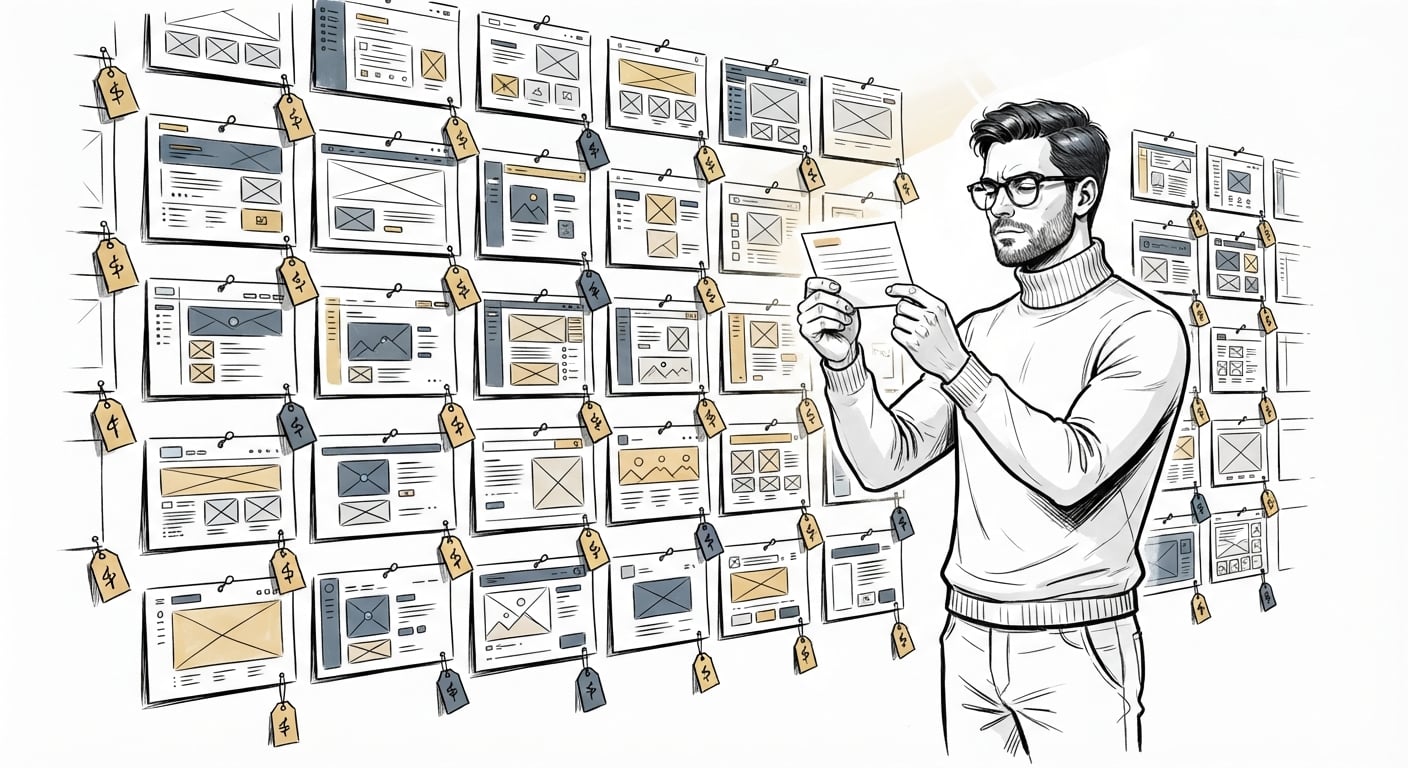 Comparing several headless CMS options pinned to a wall with price tags