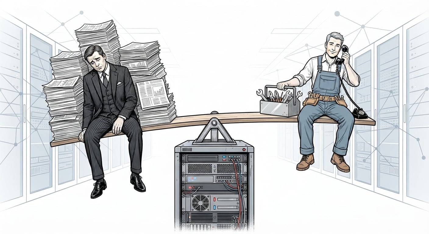 A seesaw on a server rack with a newspaper publisher buried in traffic reports on one side and a plumber holding a ringing phone on the other