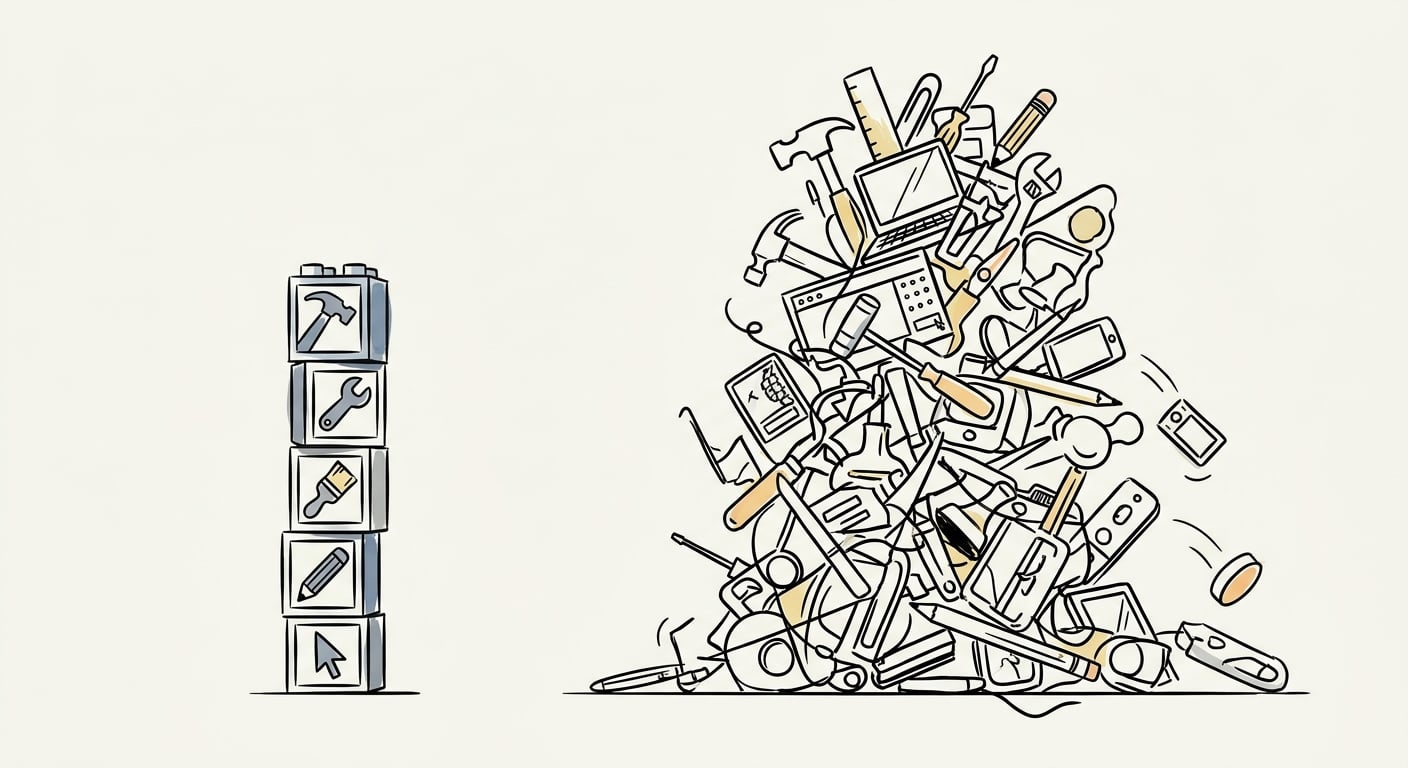 Minimal effective tool stack versus bloated chaotic tool pile comparison