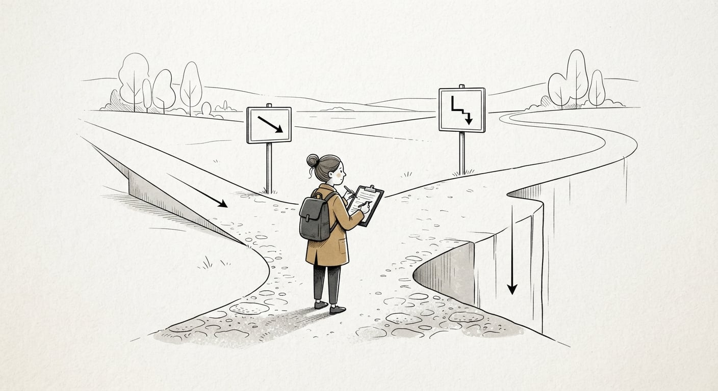 Line drawing of a figure at a fork in the road, one path sloping gently and one dropping sharply