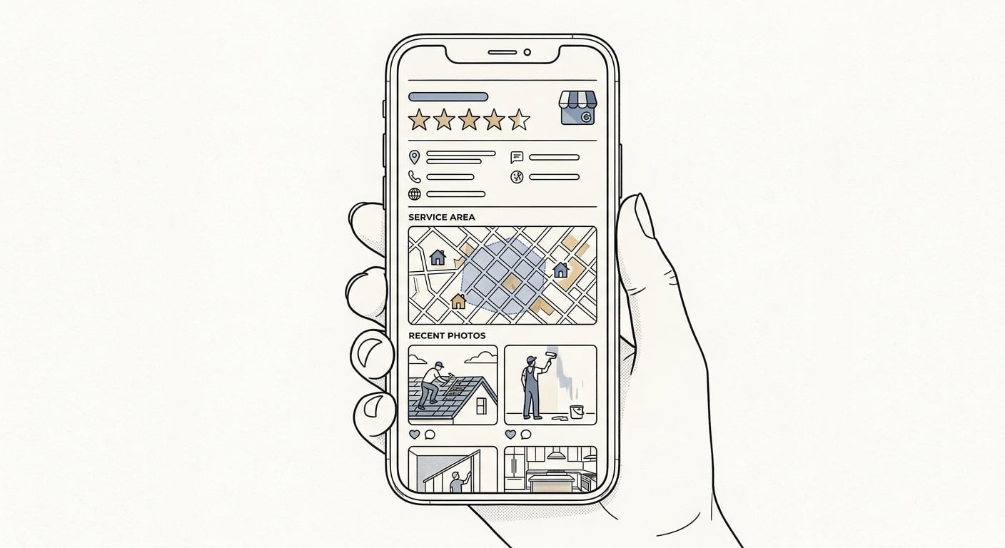 Google Business Profile optimization for contractors showing reviews and service areas