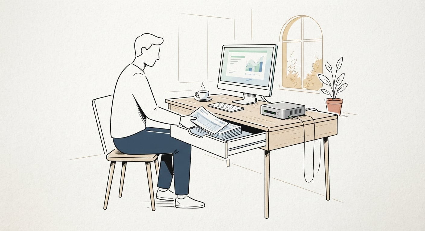 Line drawing of subscription invoices being filed away next to a small self-hosted server