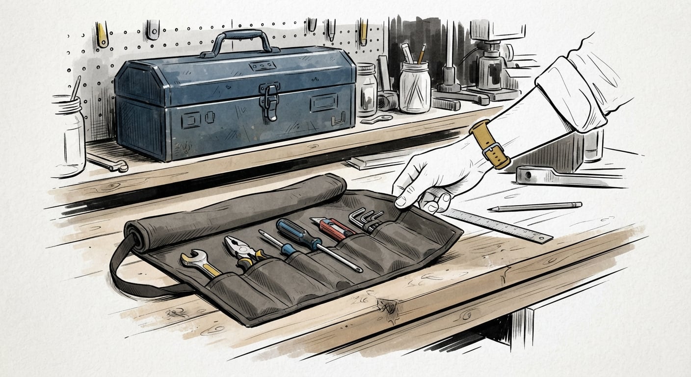 A small curated tool pouch chosen over a cluttered toolbox, illustrating narrow per-task toolsets for agents