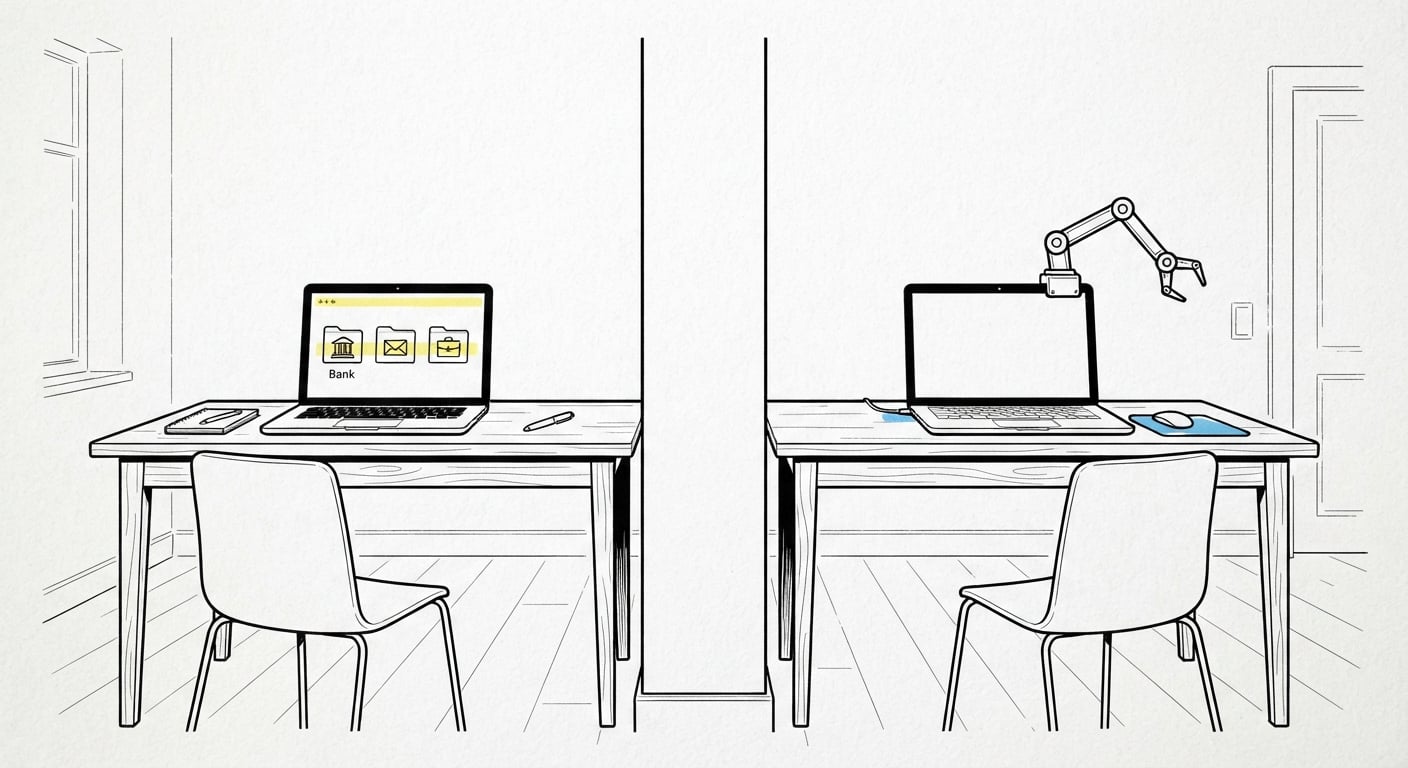 Line art of two desks separated by a wall, one holding sensitive accounts and one holding an experimental agent laptop