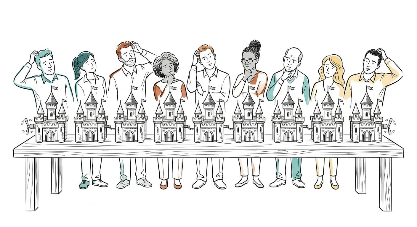 Nine identical toy castles showing how ChatGPT produces the same ideas for different people