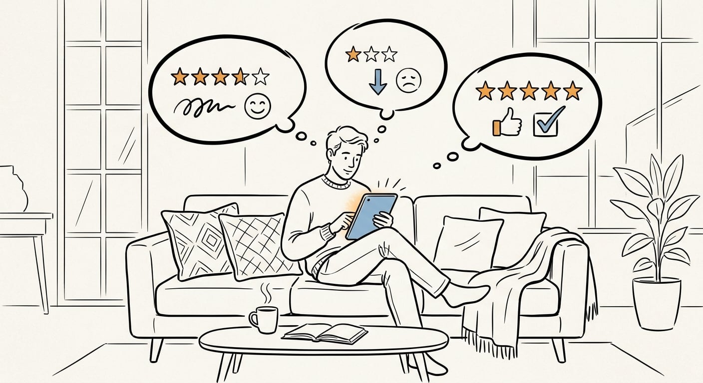 Homeowner reading contractor reviews before making a hiring decision