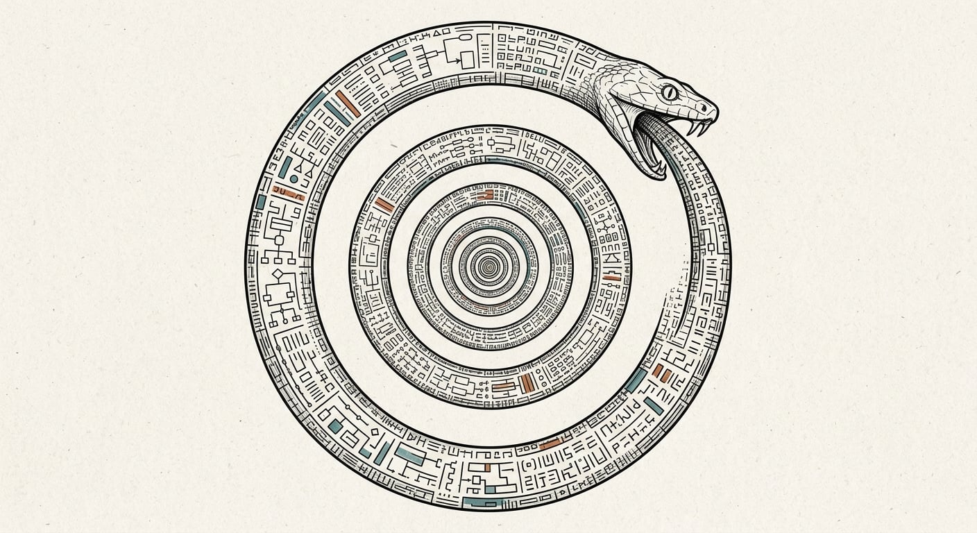 Snake eating its own tail made of data representing the AI feedback loop of training on AI-generated content