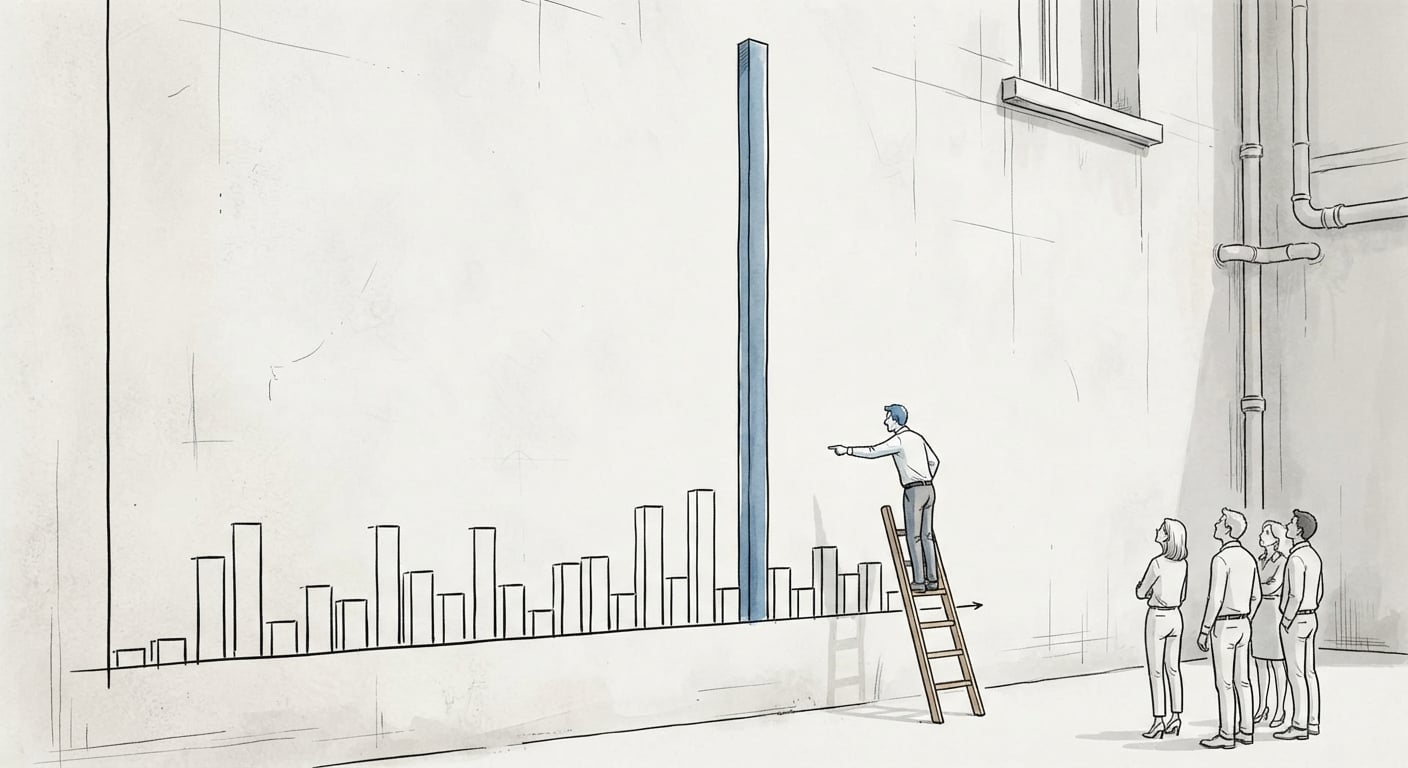 A person on a ladder pointing at the short bars of a lopsided chart